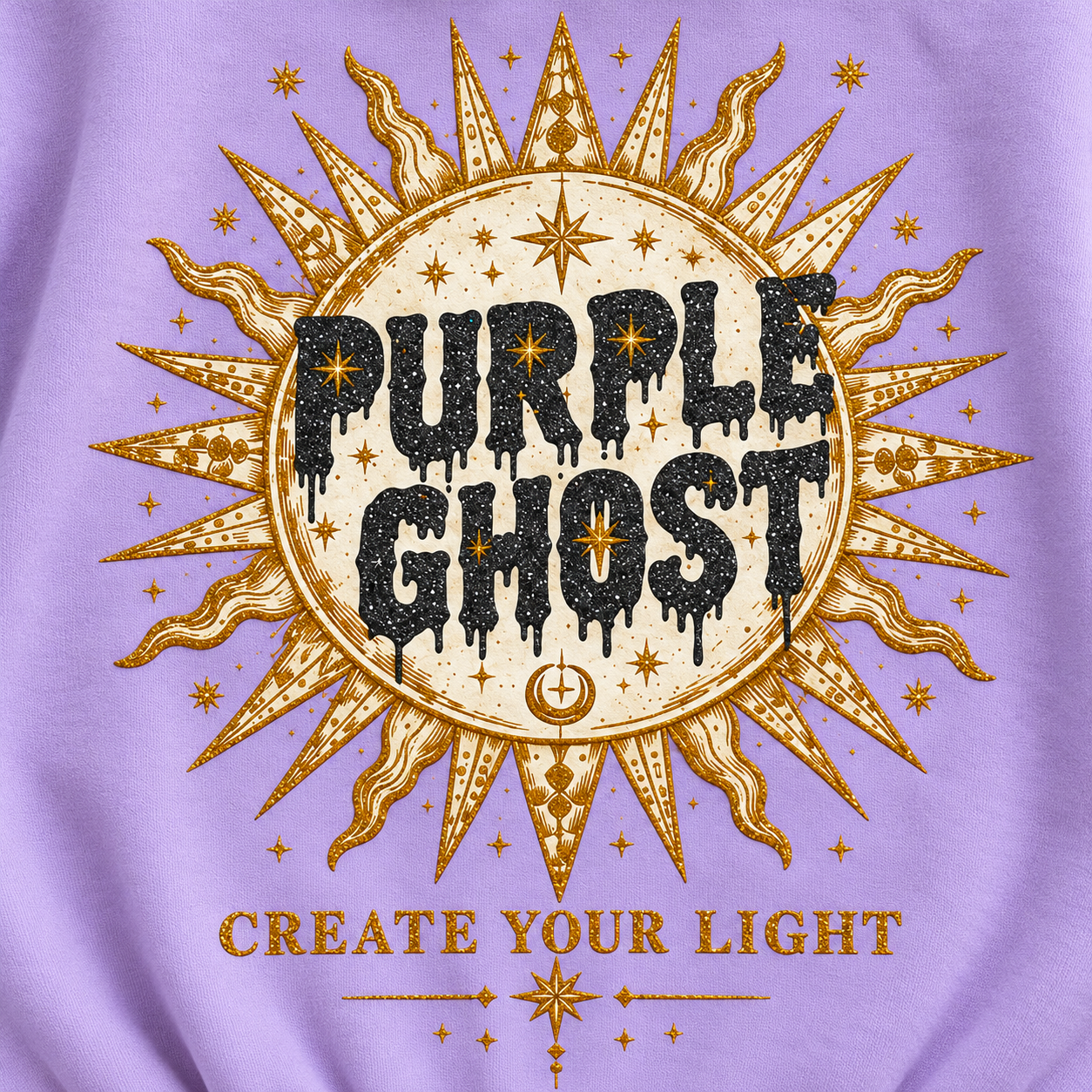 Create Your Light back graphic close-up with simulated black glitter Purple Ghost lettering and gold glitter sun outline and slogan.