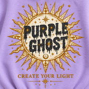 Create Your Light back graphic close-up with simulated black glitter Purple Ghost lettering and gold glitter sun outline and slogan.