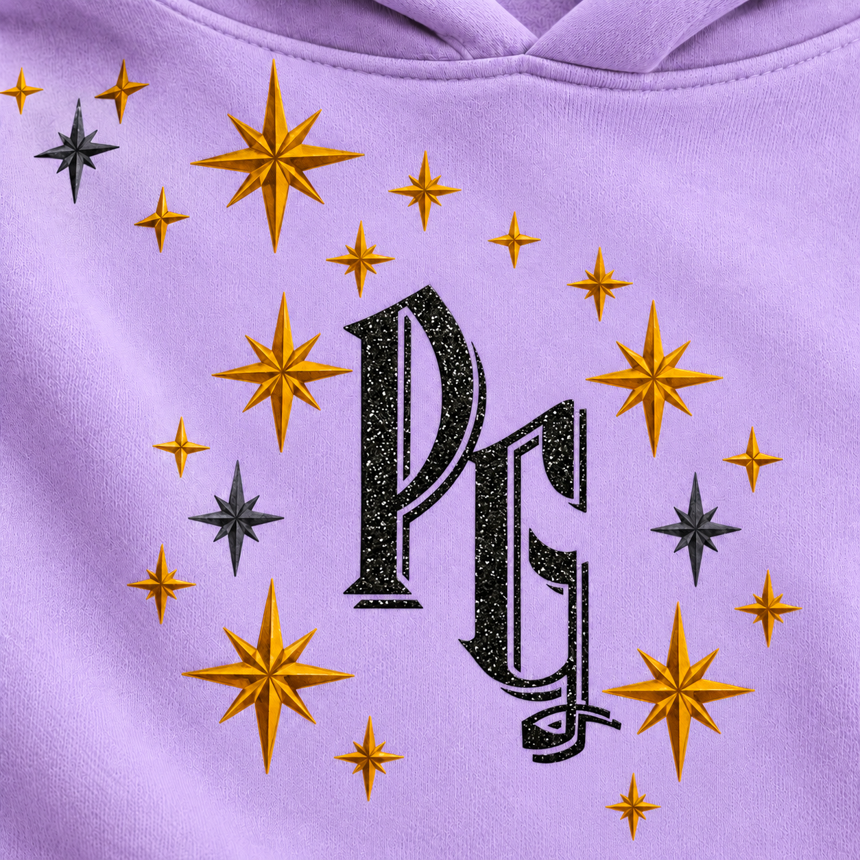 Approved official PG monogram close-up on lilac fabric with simulated black glitter texture; surrounding gold and charcoal stars.