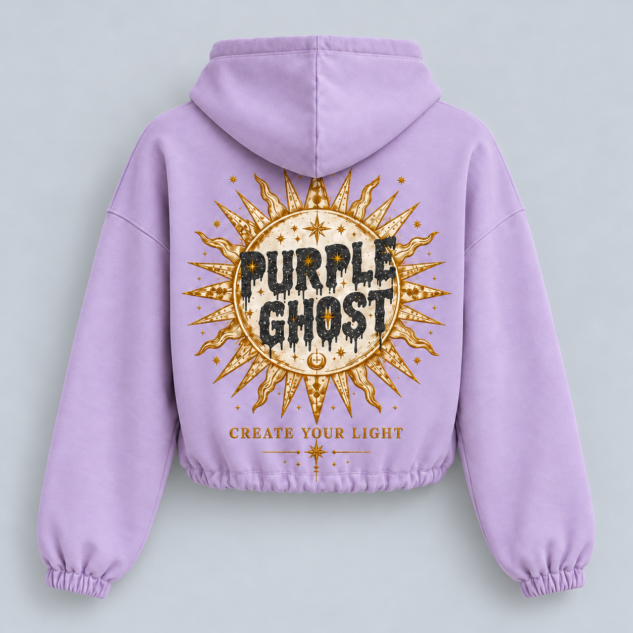 Create Your Light women's lilac crop hoodie, back digital mockup with antique sunburst, black glitter Purple Ghost lettering, gold glitter sun outline and Create Your Light slogan.