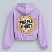 Create Your Light women's lilac crop hoodie, back digital mockup with antique sunburst, black glitter Purple Ghost lettering, gold glitter sun outline and Create Your Light slogan.