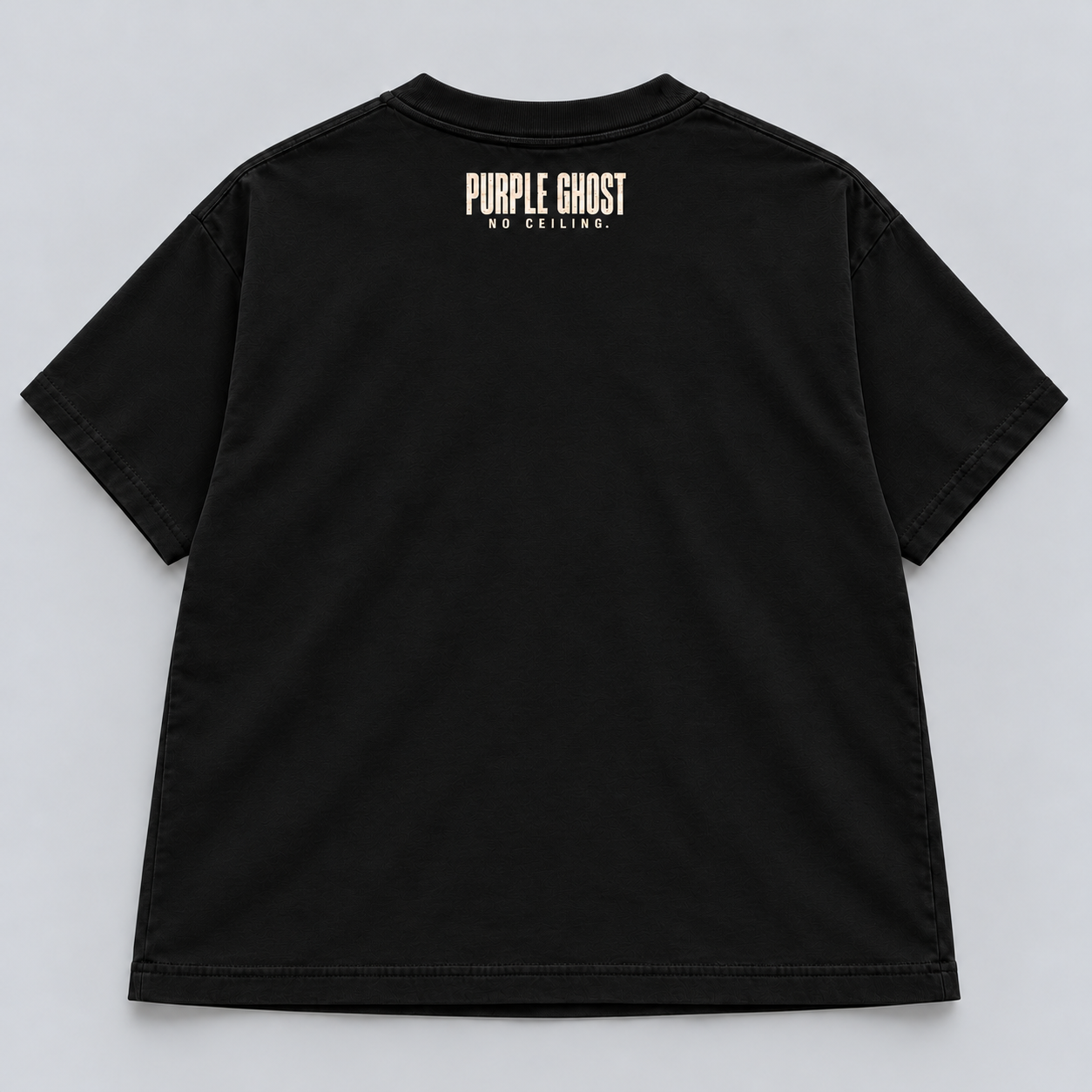 No Ceiling women's black boxy tee, back digital mockup with small bone Purple Ghost and No Ceiling upper-back signature.