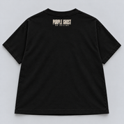 No Ceiling women's black boxy tee, back digital mockup with small bone Purple Ghost and No Ceiling upper-back signature.