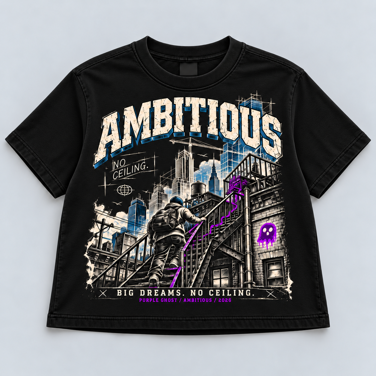 No Ceiling women's black heavyweight boxy tee, front digital mockup with distressed Ambitious lettering, city skyline and hooded stair climber.