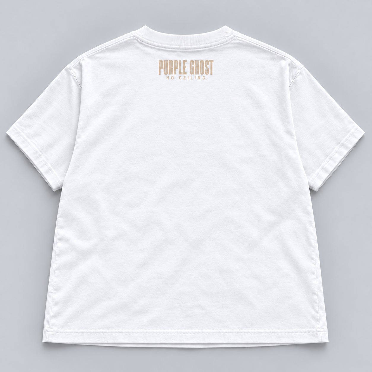 No Ceiling women's white boxy tee, back view with small Purple Ghost signature near collar