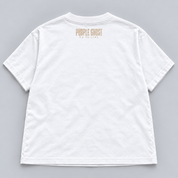 No Ceiling women's white boxy tee, back view with small Purple Ghost signature near collar