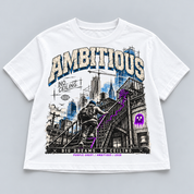 No Ceiling women's white heavyweight boxy tee, front digital mockup with Ambitious city and stairway artwork in bone, blue and purple.