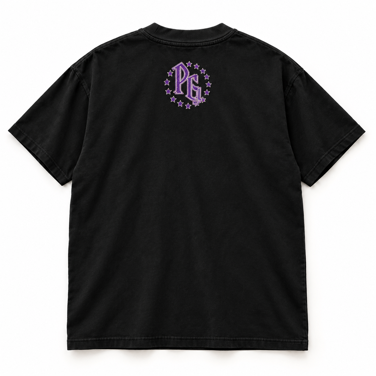 Scholars 2 the Streets black oversized tee — back mockup with small PG monogram and stars