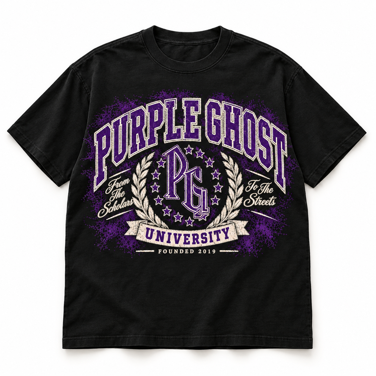 Scholars 2 the Streets black oversized tee — front mockup with Purple Ghost University graphic
