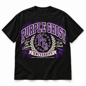 Scholars 2 the Streets black oversized tee — front mockup with Purple Ghost University graphic
