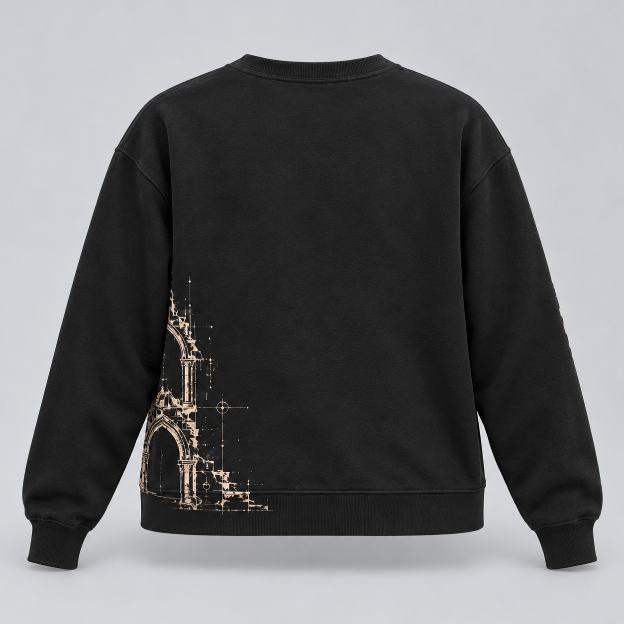 Self Made women's black boxy crewneck, back digital mockup showing bone architectural line art wrapping around the lower left side.