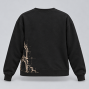 Self Made women's black boxy crewneck, back digital mockup showing bone architectural line art wrapping around the lower left side.
