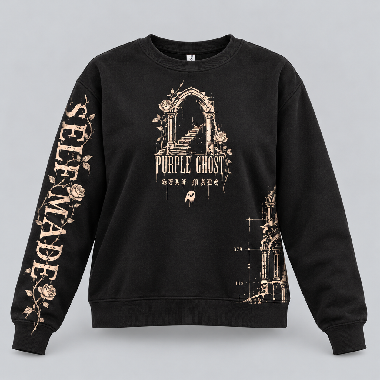 Self Made women's black boxy crewneck, front digital mockup with distressed bone Gothic stairway, roses, Purple Ghost chest lettering and Self Made sleeve graphic.