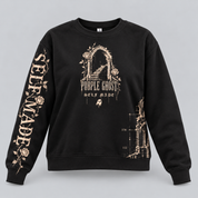 Self Made women's black boxy crewneck, front digital mockup with distressed bone Gothic stairway, roses, Purple Ghost chest lettering and Self Made sleeve graphic.