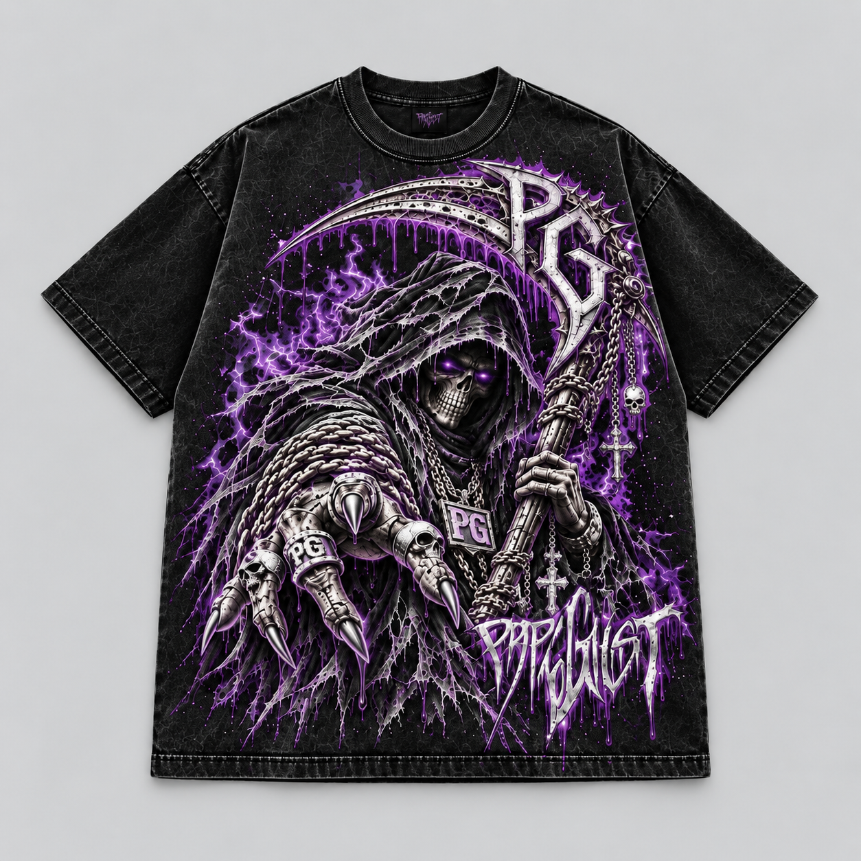 The Reaper oversized black tee, front view with purple and silver artwork on a light gray background