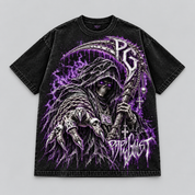 The Reaper oversized black tee, front view with purple and silver artwork on a light gray background