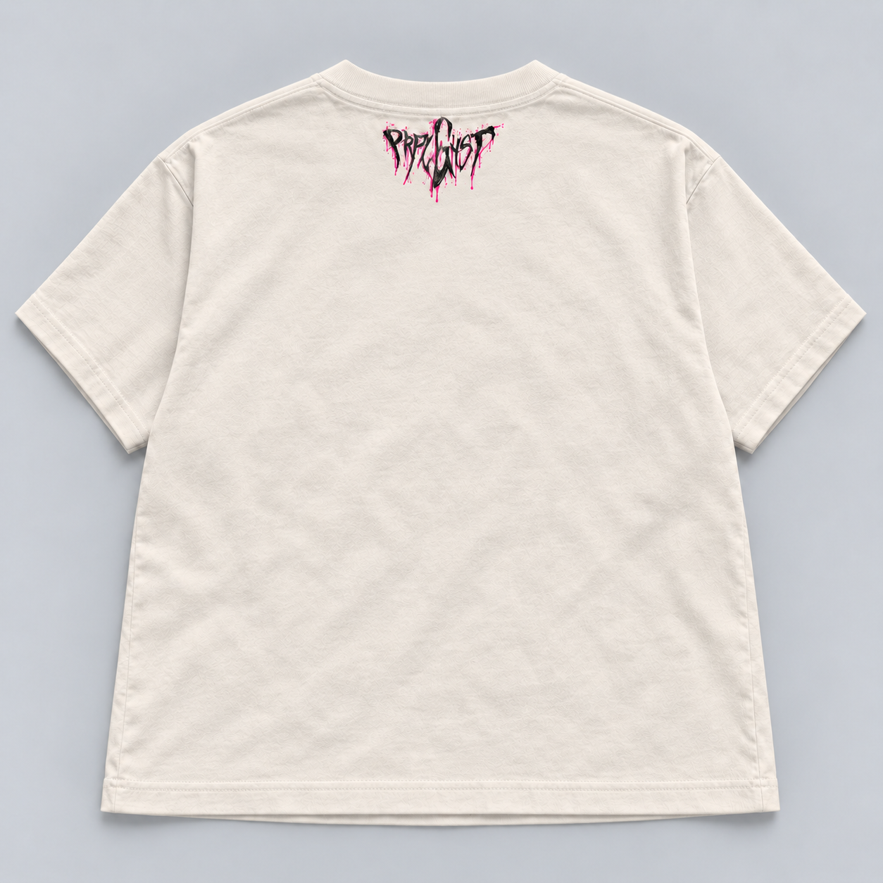 Till Death Bone women's boxy tee back digital mockup with PRPL GHST neck signature