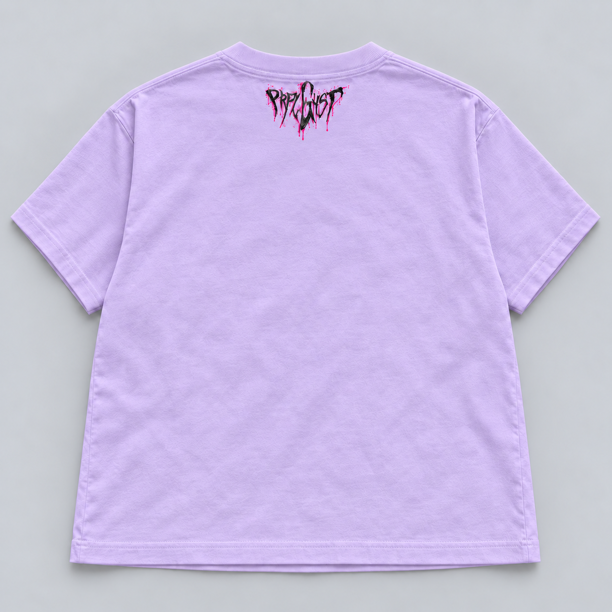 Till Death Lavender women's boxy tee back digital mockup with PRPL GHST neck signature