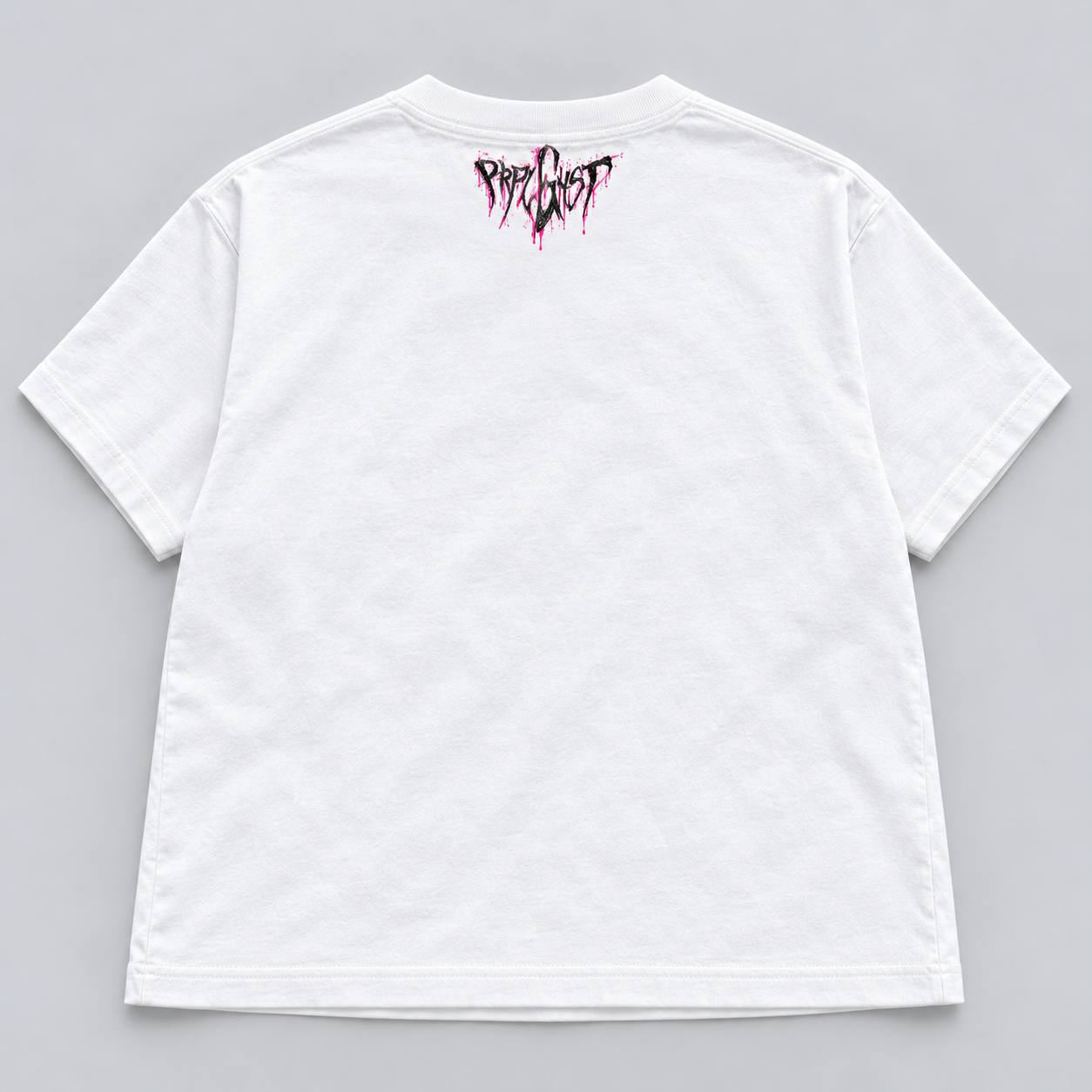 Till Death white women's boxy tee back digital mockup with pink and charcoal PRPL GHST neck signature
