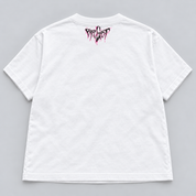 Till Death white women's boxy tee back digital mockup with pink and charcoal PRPL GHST neck signature