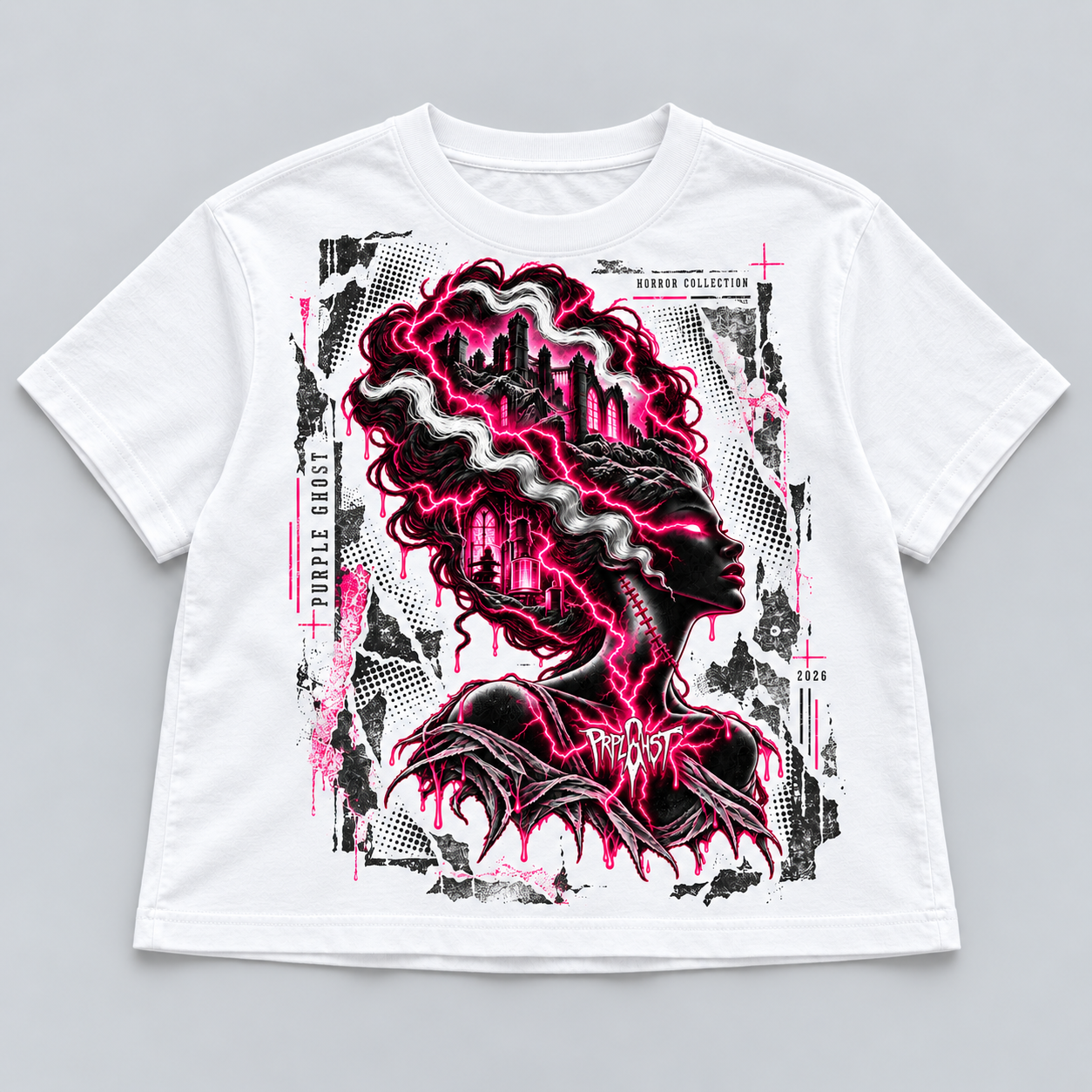 Till Death white women's boxy tee front digital mockup with pink Bride silhouette and distressed poster graphic
